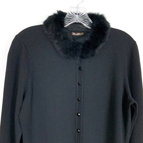 J. Mclaughlin Wool Button Up Rabbit Fur Collar Cardigan Sweater Black Size L - Picture 11 of 16